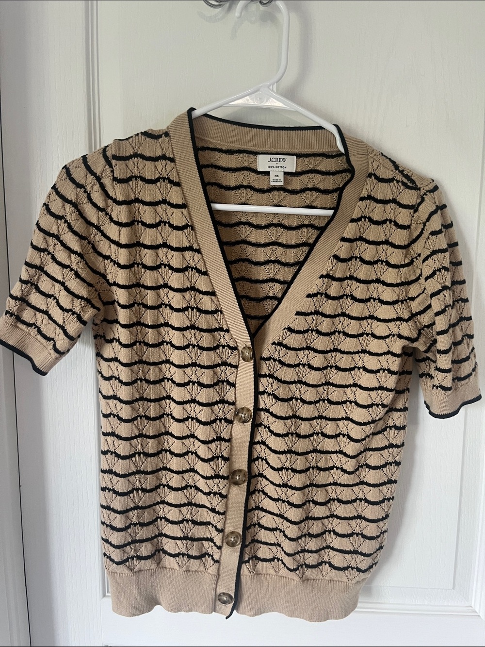 J. Crew Beige and Black Striped Short-Sleeve Cardigan